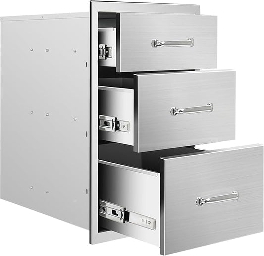 Outdoor Kitchen Drawers 14" W x 21" H x 23" D Flush Mount Triple BBQ Drawers with Chrome Handle Stainless Steel Drawer for Outdoor Kitchen Island, Patio Grill Station
