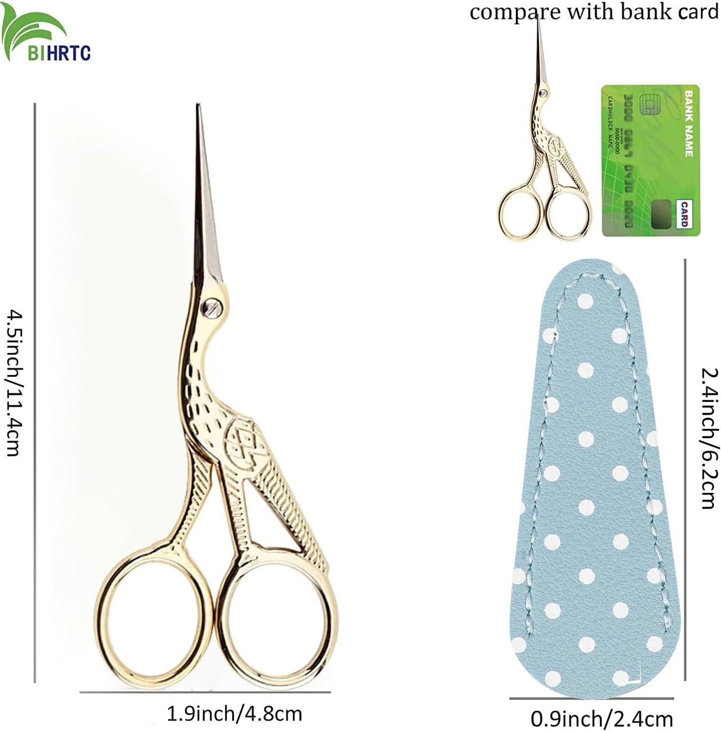 BIHRTC Small Craft 4.5Inch Embroidery Scissors with Artificial Leather Cover Stainless Steel Tip Bird Stork Scissors Shears for Sewing Crochet Embroidery Paper Art Work