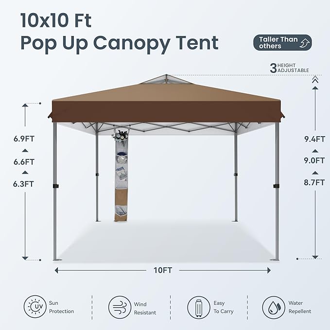 PHI VILLA 10x10ft 1-Person Setup Pop Up Canopy Tent Instant Portable Shelter w/ 1-Button Push, Case, 4 Weight Bags - Dark & Light Brown