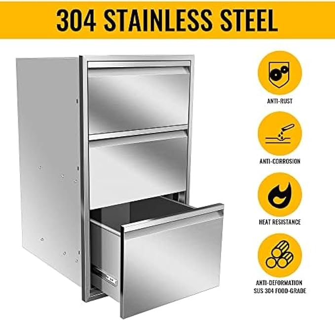 Pull Out Trash Drawer, Lower Sliding Rails Stainless Steel Roll Out Trash Bin Pull Out Tray With Handle For Outdoor Kitchen BBQ Island Grill Station,Three Drawers