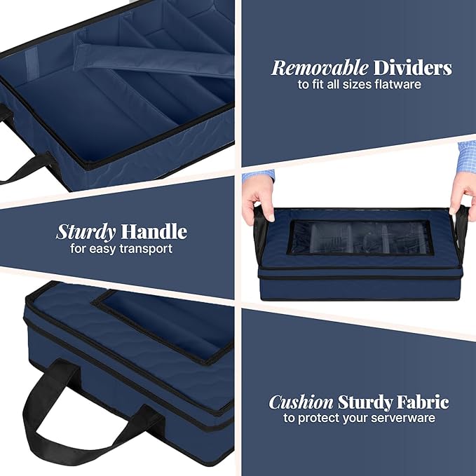 Flatware Storage Case - Durable 5 Compartment Silverware Storage Container Box with Removable Lid and Easy to Carry Handles - Large Capacity Keeps Your Cutlery Organized & Protected - Blue