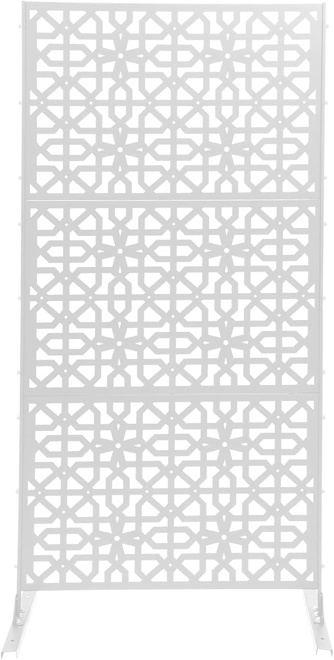 75" H×35" W Decorative Outdoor Privacy Screen with Stand, Outdoor Decor Privacy Fence Screen Metal Fence Panels, Free Standing Metal Divider for Patio Lawn Deck (White-Knot)