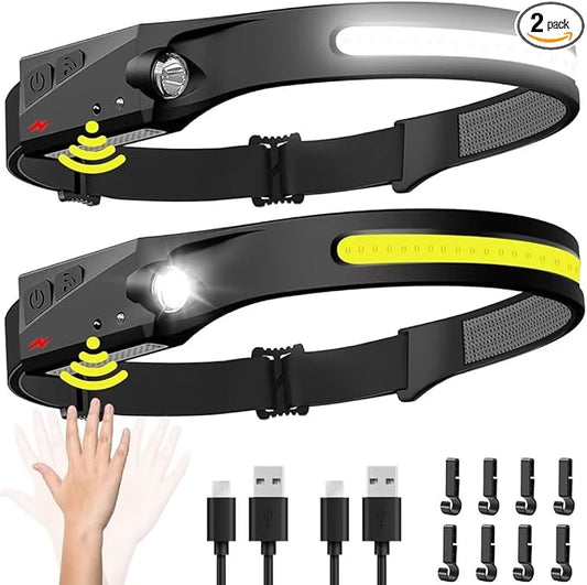 Headlamp Rechargeable 2PCS, 230° Wide Beam Head Lamp LED with Motion Sensor for Adults - Camping Accessories Gear, Waterproof Head Light Flashlight for Hiking, Running, Repairing, Fishing, Cycling