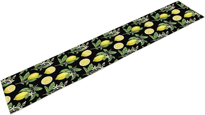Watercolor Lemon Table Runner, Spring Summer Seasonal Green Leaves Flowers Yellow Fruits Print Table Runner for Farmhouse Kitchen Dining Table Home Party Indoor Decor 13x70in