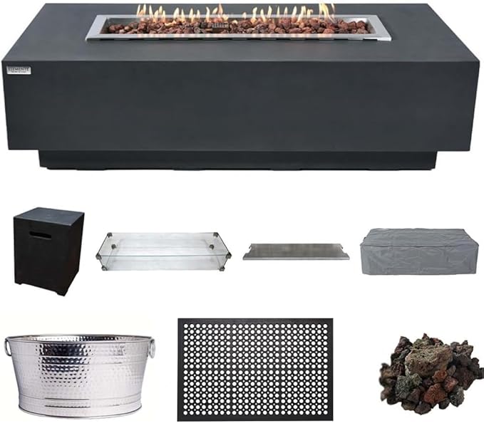 Elementi Granville Dark Grey Fire Pit Bundle Includes 60” Propane Concrete Firepit Table, Glass Windscreen, Stainless Steel Cover, Tank&Canvas Cover, Floor Mat and Beverage Tub