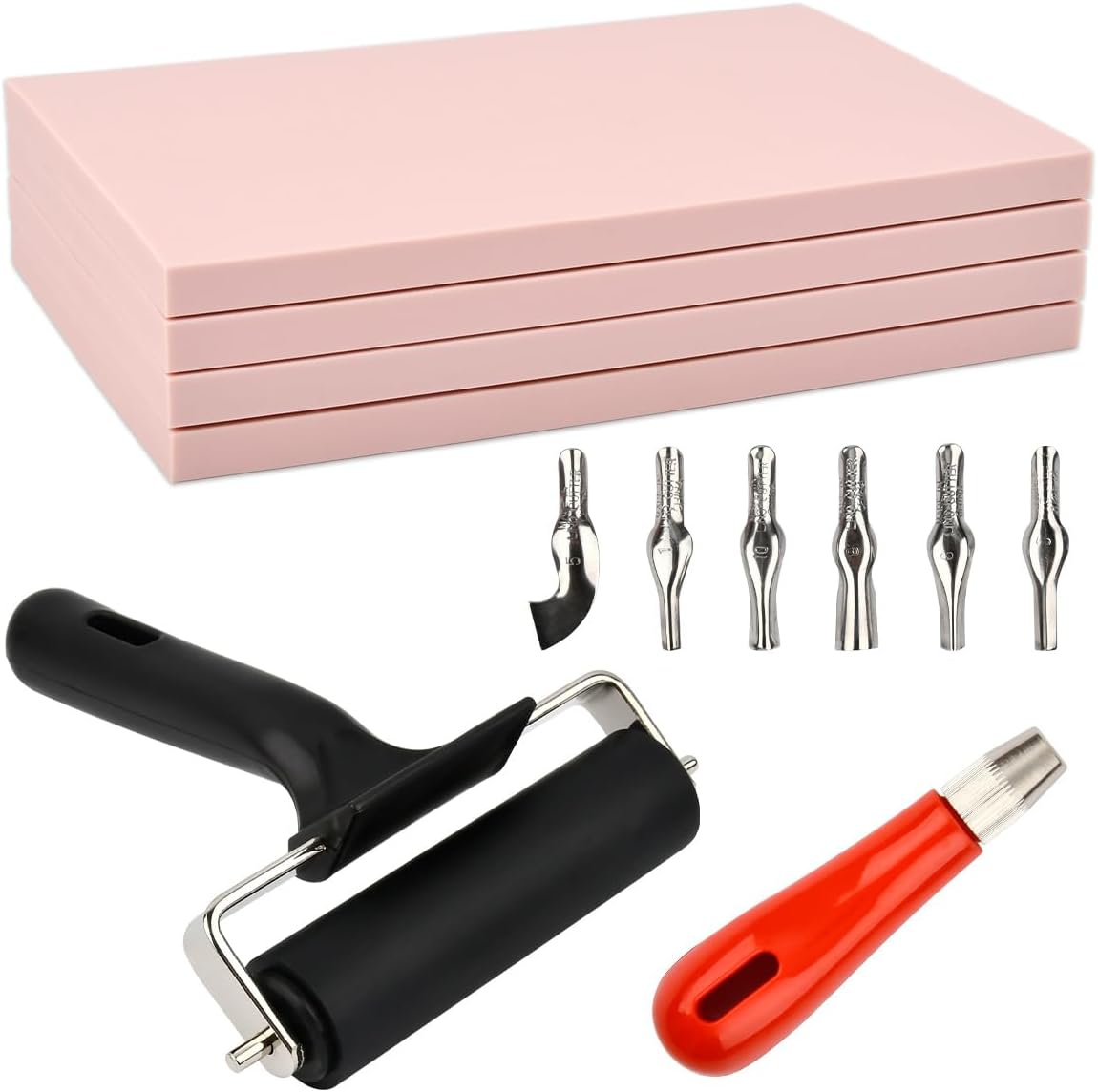12 Pack Linoleum Blocks for Printmaking with Cutter Tools, Pink Rubber Carving Blocks Linoleum Block Stamp Making Kit for DIY Printmaking, Printing and More Crafts
