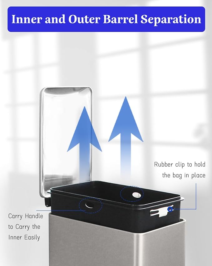 8 Gallon Trash Can with Lid, Stainless Steel Bathroom Garbage Can with Removal Inner Bucket, Soft Close Lid, Step on Trash Bin for Kitchen, Office, Laundry, 30 Liter Capacity, Kohler Grey