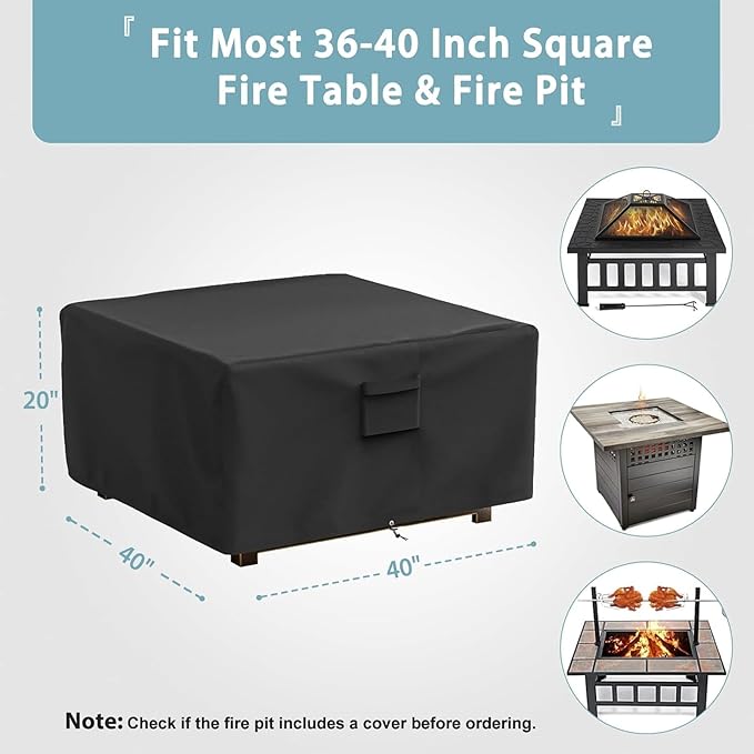 SHINESTAR Square Fire Pit Cover, Fits for 36-40 Inch Gas Fire Table, Waterproof and Windproof, 40 x 40 x 20 Inches, Black