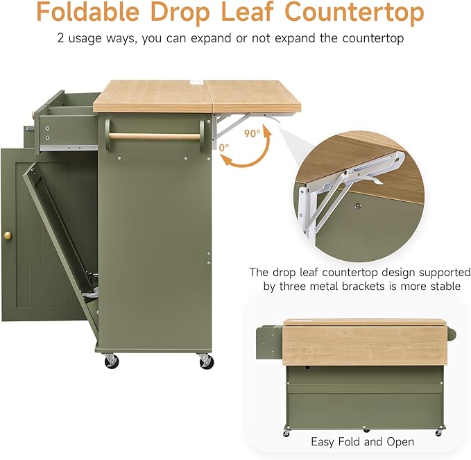 60" Kitchen Island with Power Outlet & Drop Leaf, Kitchen Rolling Island with Spice Rack & Towel Rack, Knife Holder, Kitchen Island Cart with Trash Storage Cabinet, Mobile Island Table for Kitchen