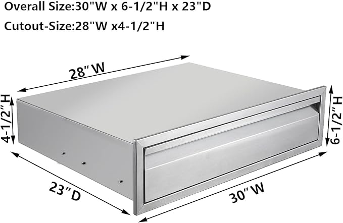 Outdoor Kitchen Drawer, 30" W x 6.5" H x 23" D Stainless Steel BBQ Single Drawer with Clapboard, BBQ Island Drawers for Outdoor Kitchens or Patio Grill Station