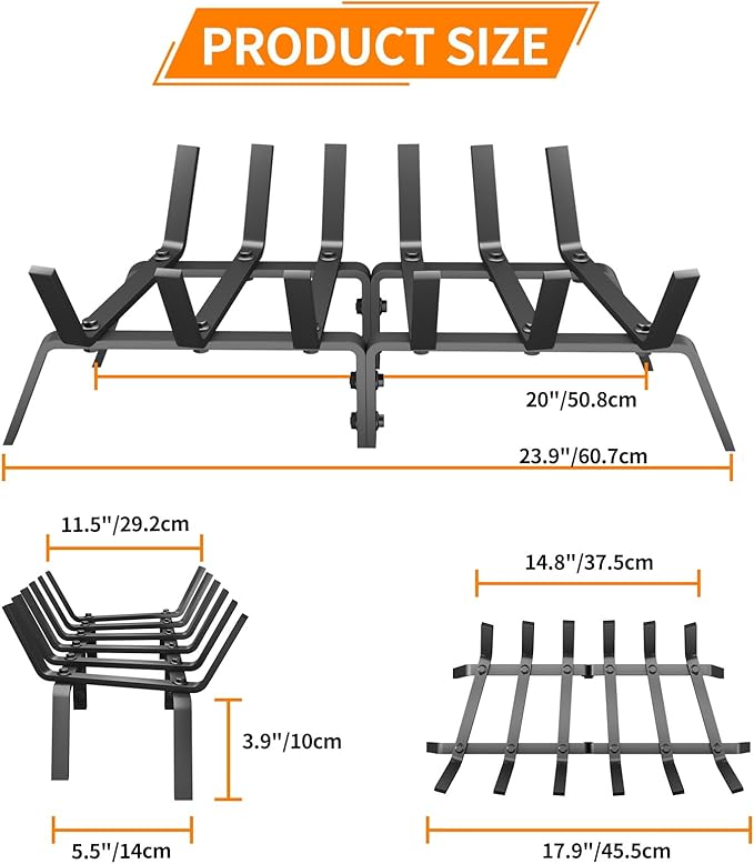 Heavy Duty 24Inch Fireplace Grate, Solid Steel Log Rack for Wood Burning, Extra Wide Firewood Grates for Indoor Fireplace & Outdoor Fire Pit, Wood Stove Grate