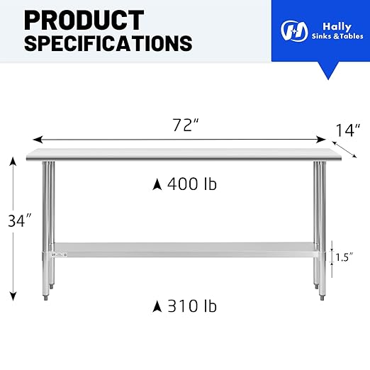 Hally Stainless Steel Table for Prep & Work 14 x 72 Inches, NSF Commercial Heavy Duty Table with Undershelf and Galvanized Legs for Restaurant, Home and Hotel