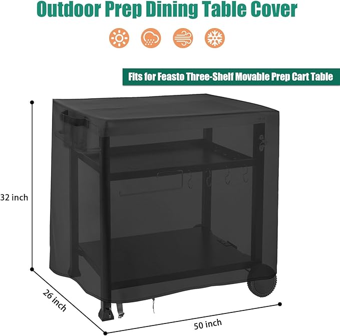 Outdoor Dining Cart Cover for Feasto 50 Inch Three-Shelf Movable Food Prep and Work Cart Table,Waterproof Outdoor Grill Cart Pizza Oven Table Cover - 50 X 23 X 29 Inch