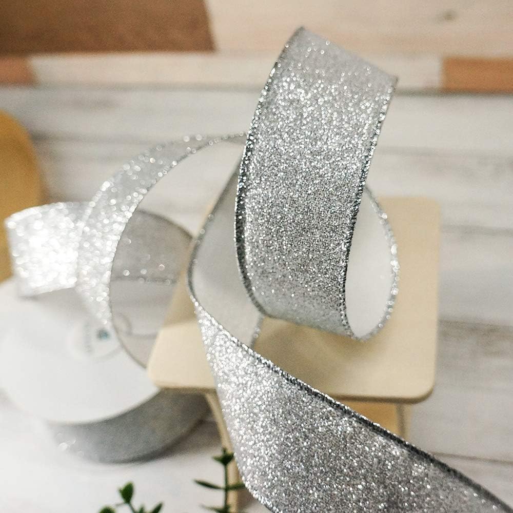 CT CRAFT LLC Glitter Wired Ribbon 1.5" x 10 Yards Silver for Christmas Home Decor Bow Gift Wrapping DIY Crafts Wreath