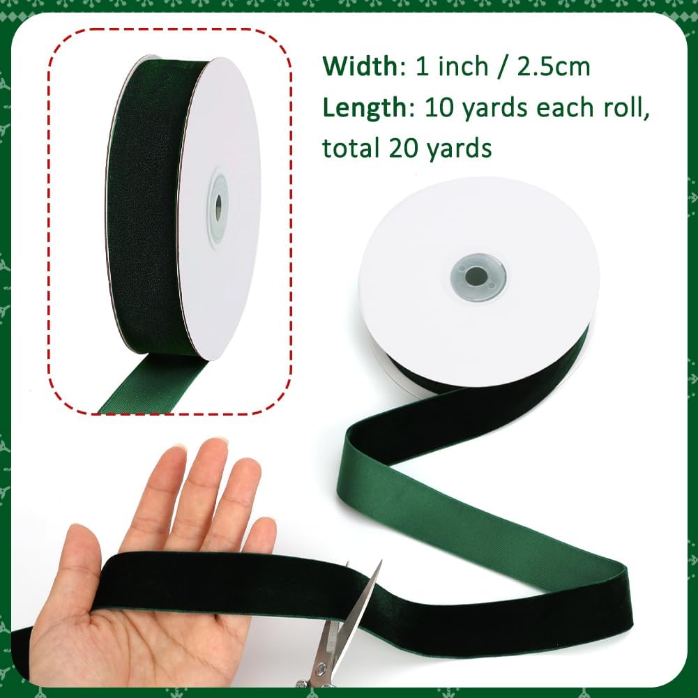 Dark Green Velvet Ribbon, 1 Inch x 20 Yards Single Faced Green Ribbon for Gift Wrapping, Bow Making, Christmas Tree Decorations, Wreath Making and DIY Crafts (10 Yards Each Roll)