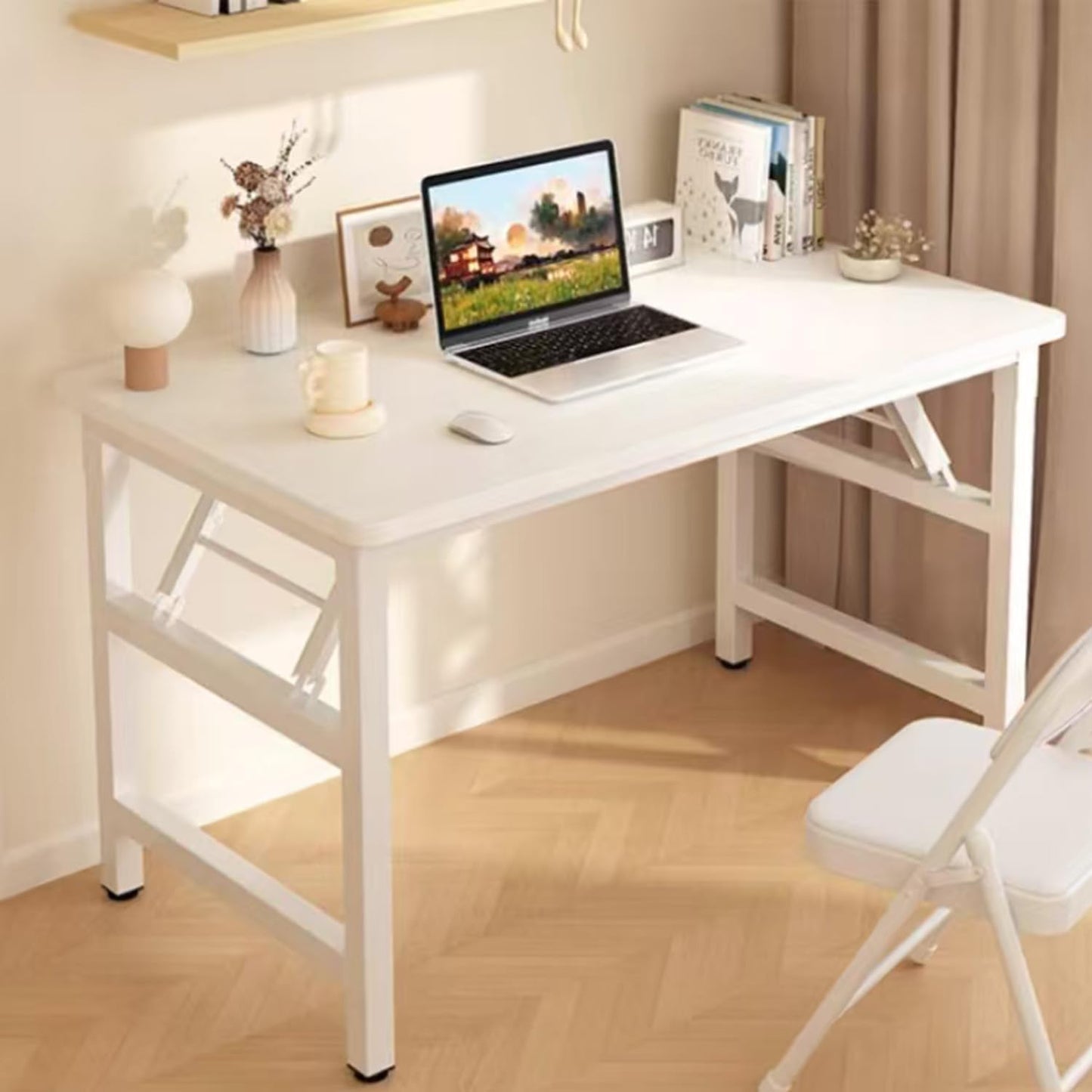 39.4 Inch Foldable Desks for Small Spaces,Foldable Desk No Assembly,Small Table for Bedroom,White.