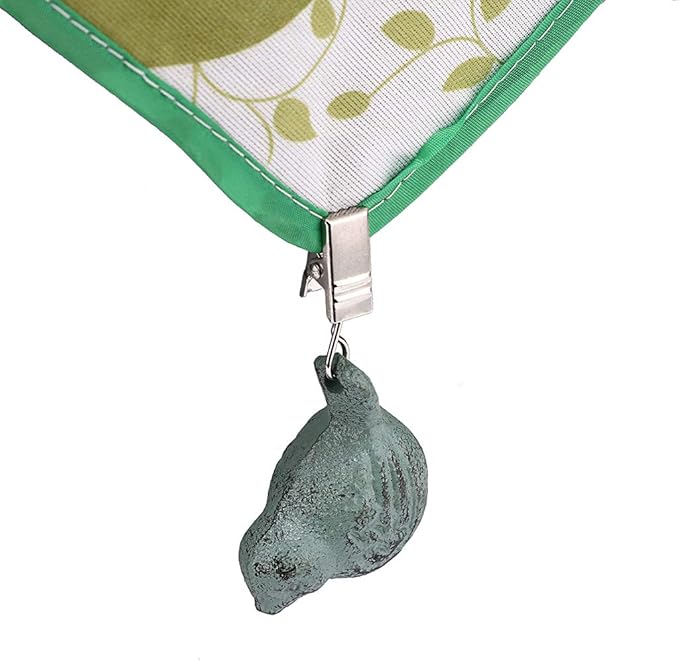 OwnMy Set of 4 Tablecloth Weights Clip on, Pendant Tablecloth Weights Kit with Cast Iron Antique Birds, Outdoor Garden Party Picnic Table Cloths Clips (Green)