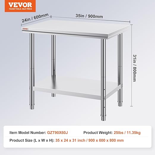 Vevor Stainless Steel 900x600x800 mm Commercial Kitchen Prep & Heavy Duty Metal Work Table with Adjustable Feet for Restaurant, Home and Hotel : Industrial & Scientific