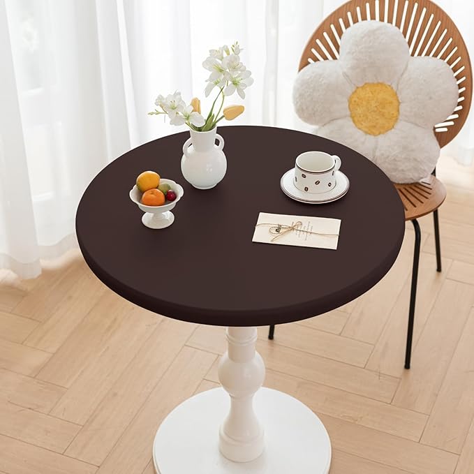 Round Fitted PU Tablecloth with High Elastic Edge 35 Inch Dia Waterproof Oil Proof Table Cloth Anti-Scald Stain-Resistant Wipeable Table Cover for Indoor Outdoor Picnic (Coffee,35" Dia)