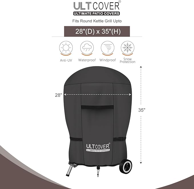 ULTCOVER Outdoor Waterproof Charcoal Kettle Grill Cover for Most 22 inch Round Smoker Size Up to 28” Dia x 35” H, Black