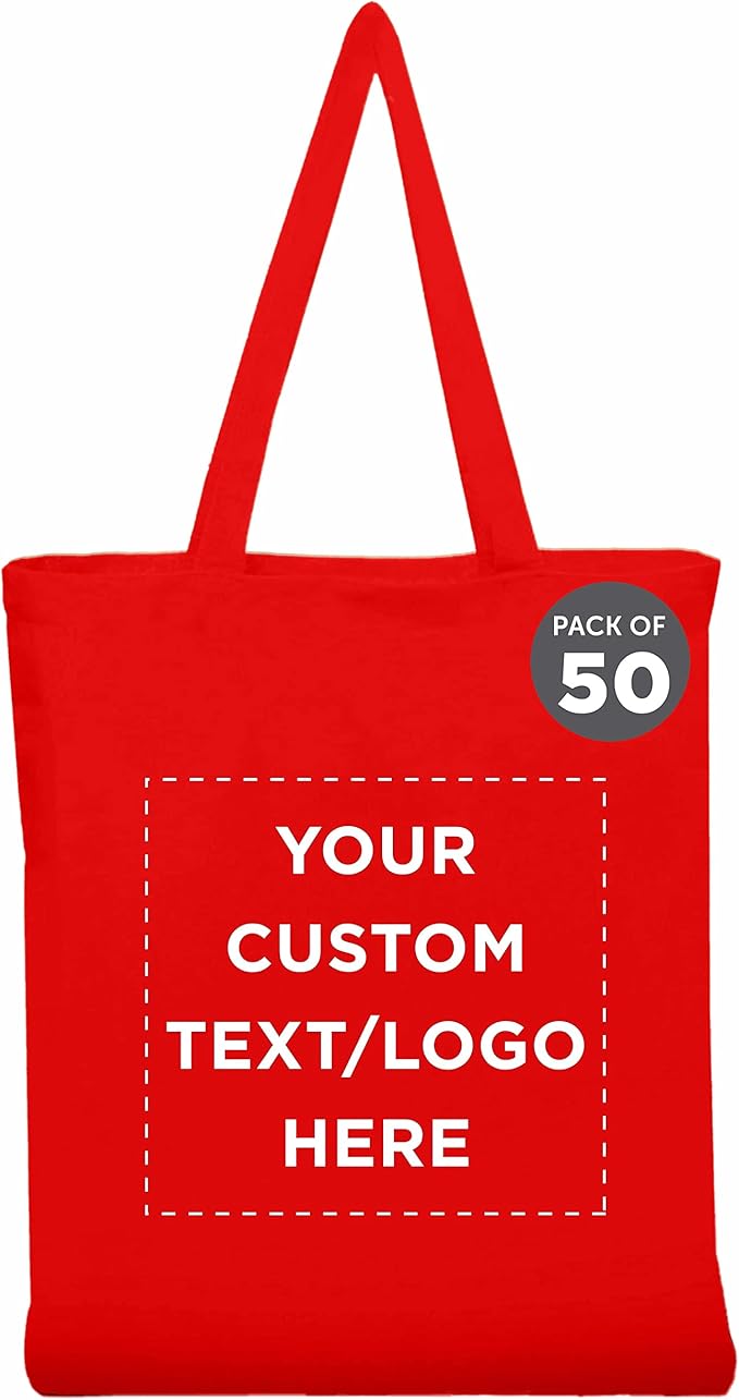 DISCOUNT PROMOS Custom Cotton Canvas Tote Bags Set of 50, Personalized Bulk Pack - Reusable, Great for Shopping, Grocery, Beach, Picnic, Wedding Favors - Red