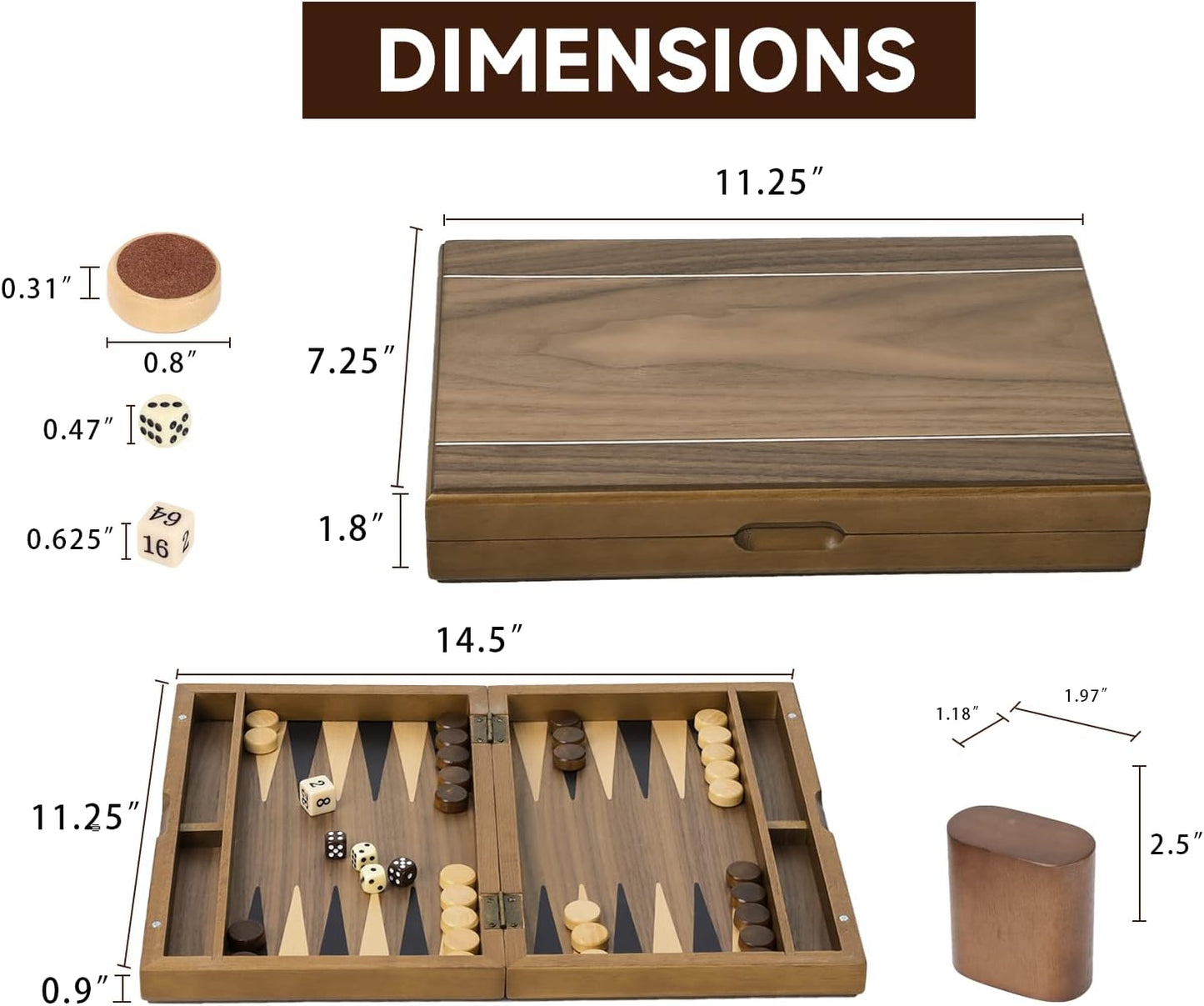GSE Games & Sports Expert Premium Magnetic Wooden Folding Inlay Backgammon Board Game Set, Portable Travel Board Game (Double Stripe- 11 Inches)