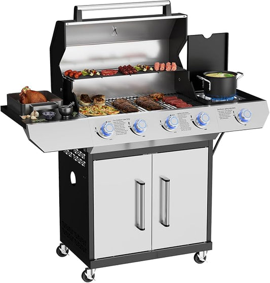 4-Burner Propane Gas Grill with Side Burner Led Knob, 60,000 BTU Stainless Steel Outdoor BBQ Grill with Porcelain-Enameled Cast Iron Grates for Outdoor Cooking