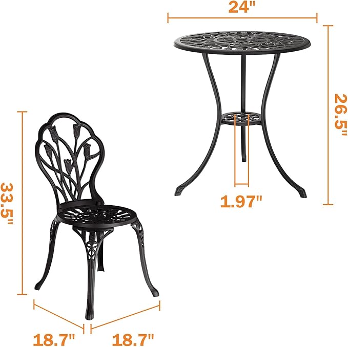 Outdoor Bistro Table and Chairs Set of 2, 3 Piece Patio Bistro Set w/Umbrella Hole, Rust-Resistant Cast Aluminum Bistro Set for Garden/Balcony/Backyard, Black