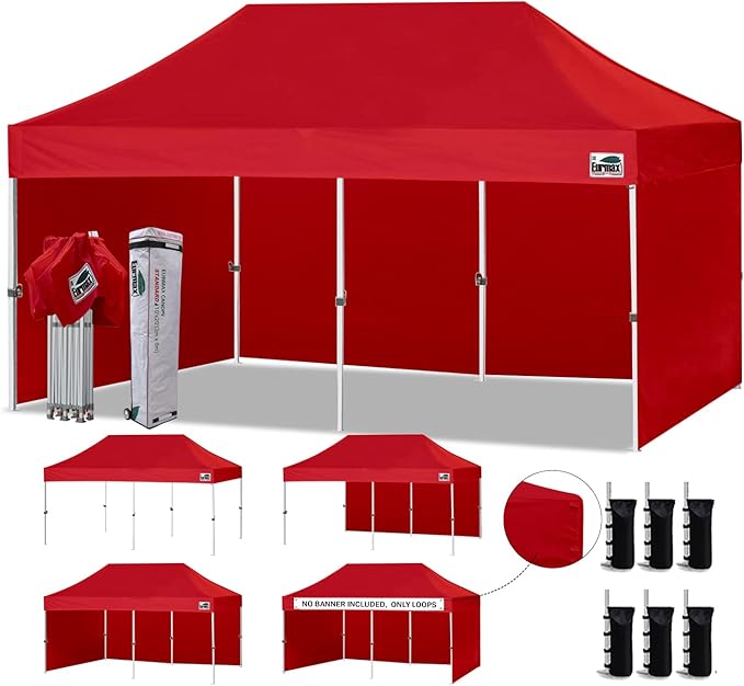 Eurmax USA 10'x20' Pop-up Canopy Tent Commercial Instant Canopies with 4 Removable Zipper End Side Walls and Roller Bag, Bonus 6 SandBags(Red)
