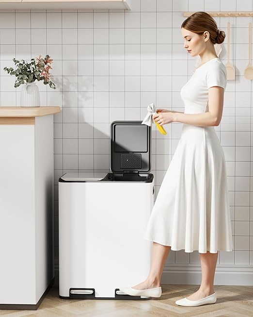 Arlopu 16Gal Dual Trash Can w/2 Built-in Box for Odor Control, Hands-Free Kitchen Garbage Bin, Recycle Waste Dustbin, Soft-Close Lid, 2 Buckets,Foot Pedal, Side Handle, Airtight,for Home (White)