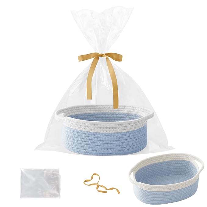 Gift Basket with Gift Bag and Ribbons,Small Rope Woven Shelf Storage,Baskets for Gifts Empty,Birthday,Baby Shower,Decorative Organizer Box with Handles(White&Blue)
