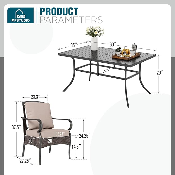 MFSTUDIO 7 Piece Outdoor Patio Dining Set for 6, 60'' Metal Rectangular Table and Wicker Chairs, All Weather Patio Furniture Table and Chairs Set, E-Coated Frame & Brown Wicker