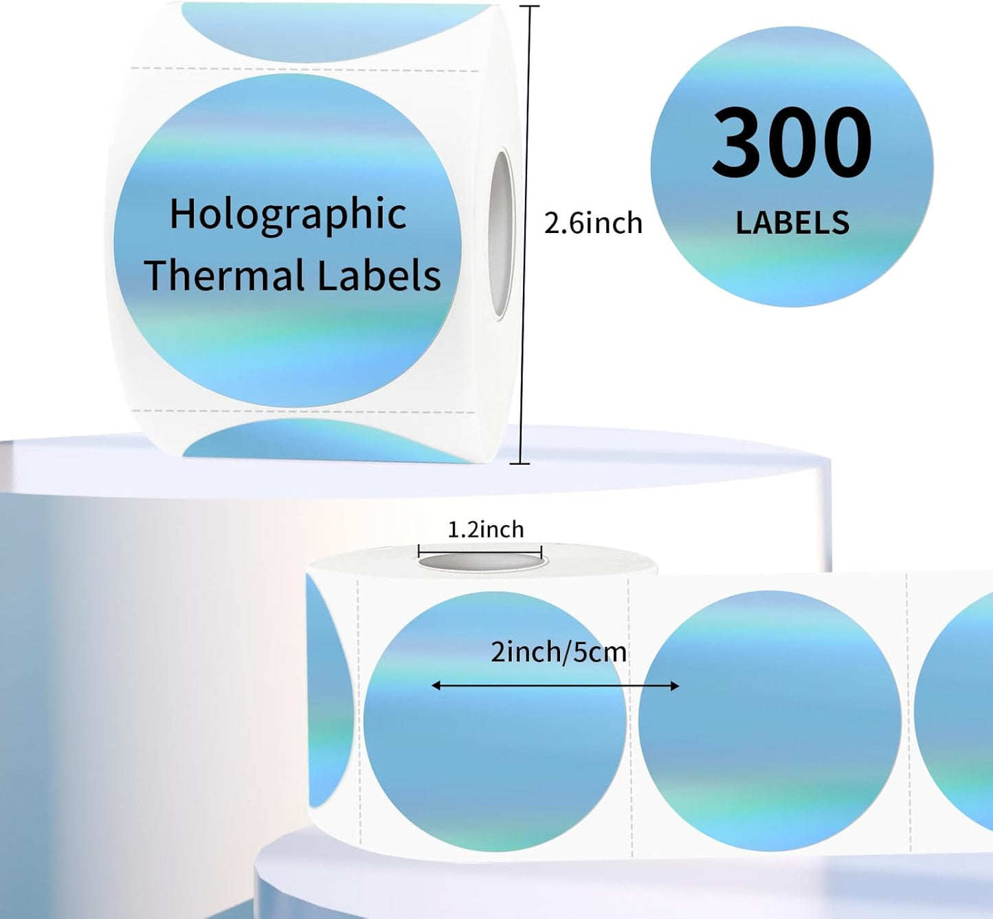 2" Circle Holographic Thermal Label Stickers Blue, Round Printable Rainbow Glitter Thermal Printer Sticker Labels for Gift Wrapping, Self-Adhesive Name Price Tag DIY Custom Logo Design