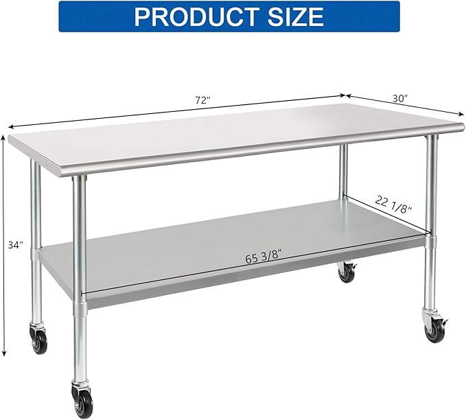 HARDURA Stainless Steel Table with Wheels 30 x 72 Inches Casters NSF Heavy Duty Commercial Prep Table with Undershelf and Galvanized Legs for Food Prep