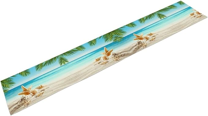 Summer Coastal Table Runner, Nautical Starfish Beach Seashell Ocean Tropical Palm Seasonal Coffee Table Center Decor for Home Kitchen Dining Patio Holiday Party Table Decorations 13"x108"
