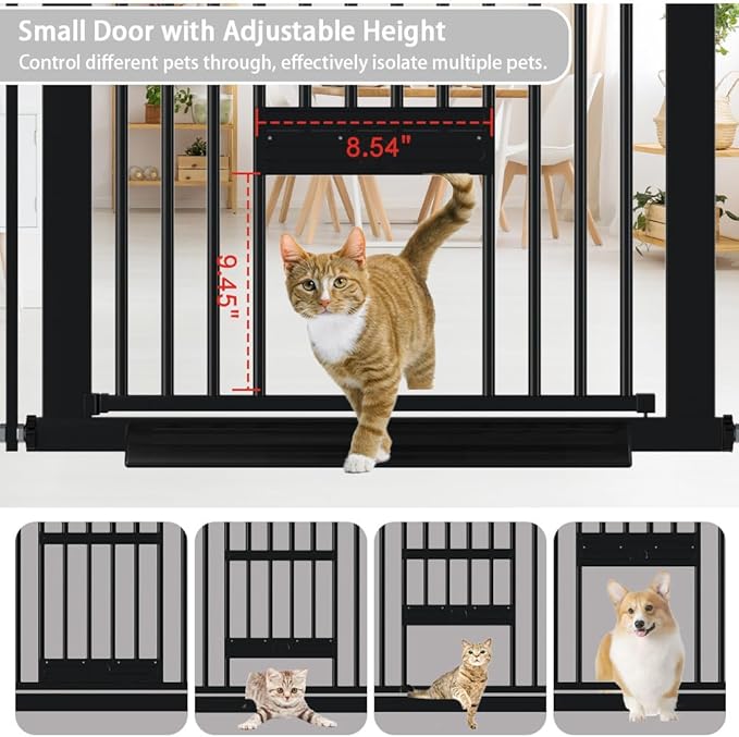 40.55" Tall 1.37" Ultra Narrow Spacing Dogs Pets Baby Gate with Door for Doorway Cat Safety Proof Indoor 57.68-73.43" Extra Wide Puppy Pressure Mounted No Drill White Black Metal Hallway