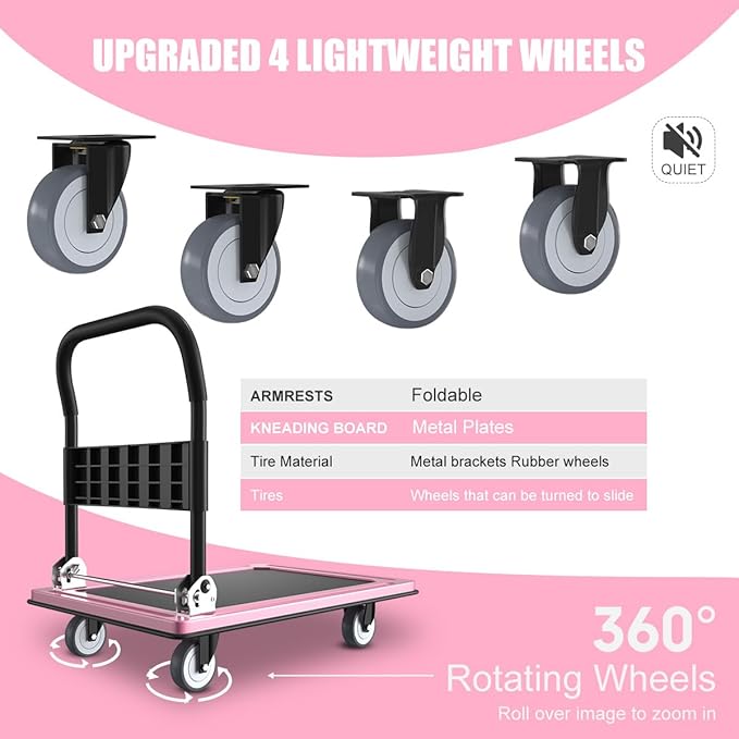 WUD Push Cart, Folding Mobile Platform Trolley,Thickened and Reinforced, 360° Swivel Wheels,35.4 “L x 23.6 ”W, 1100 lb. Pink Dolly cart with Wheels (Pink, Large)