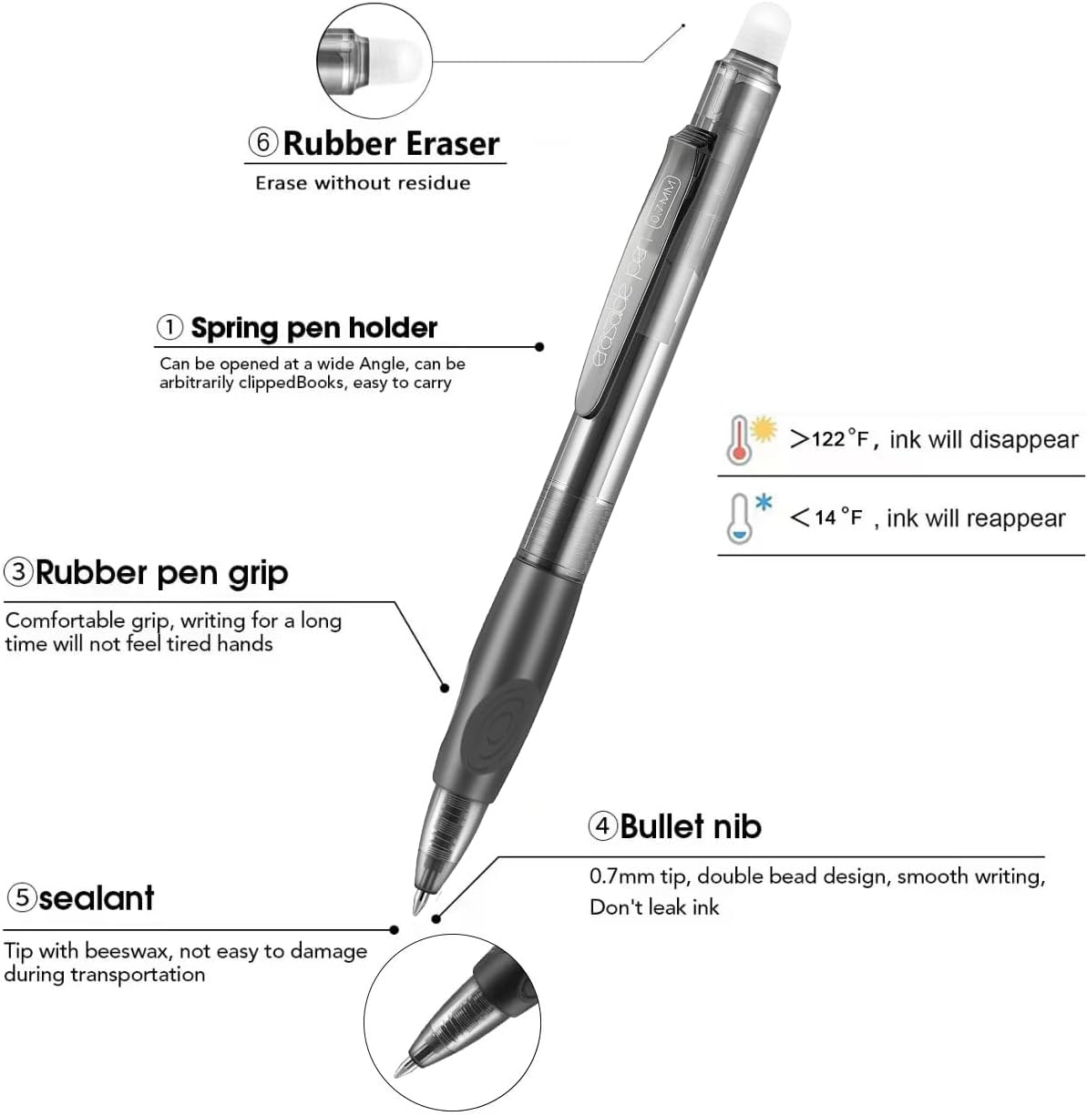 Aozora Erasable Pens Click Fine Point 0.7 mm Retractable Erasable Gel Pens for Completing Sudoku and Crossword Puzzles 12 Pack (Black)