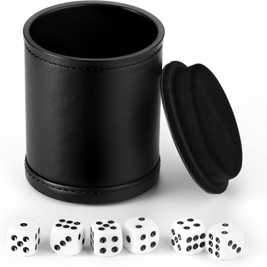 Felt Lined Dice Cup PU Leather Set, Quiet Shaker for Dice Board Family Games Yahtzee Farkle, Set of Six 16mm Rolling Dice Included