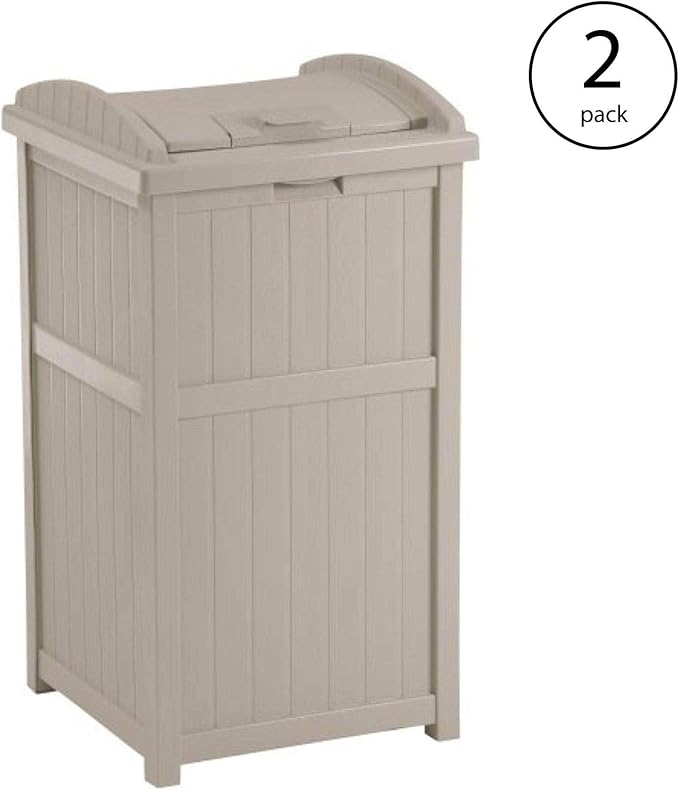 Suncast 2 Pack 15.75" x 16" x 31.6" Trash Hideaway 33 Gallon Resin Outdoor Commercial Garbage Container with Lid for Backyard, Deck, or Patio in Taupe