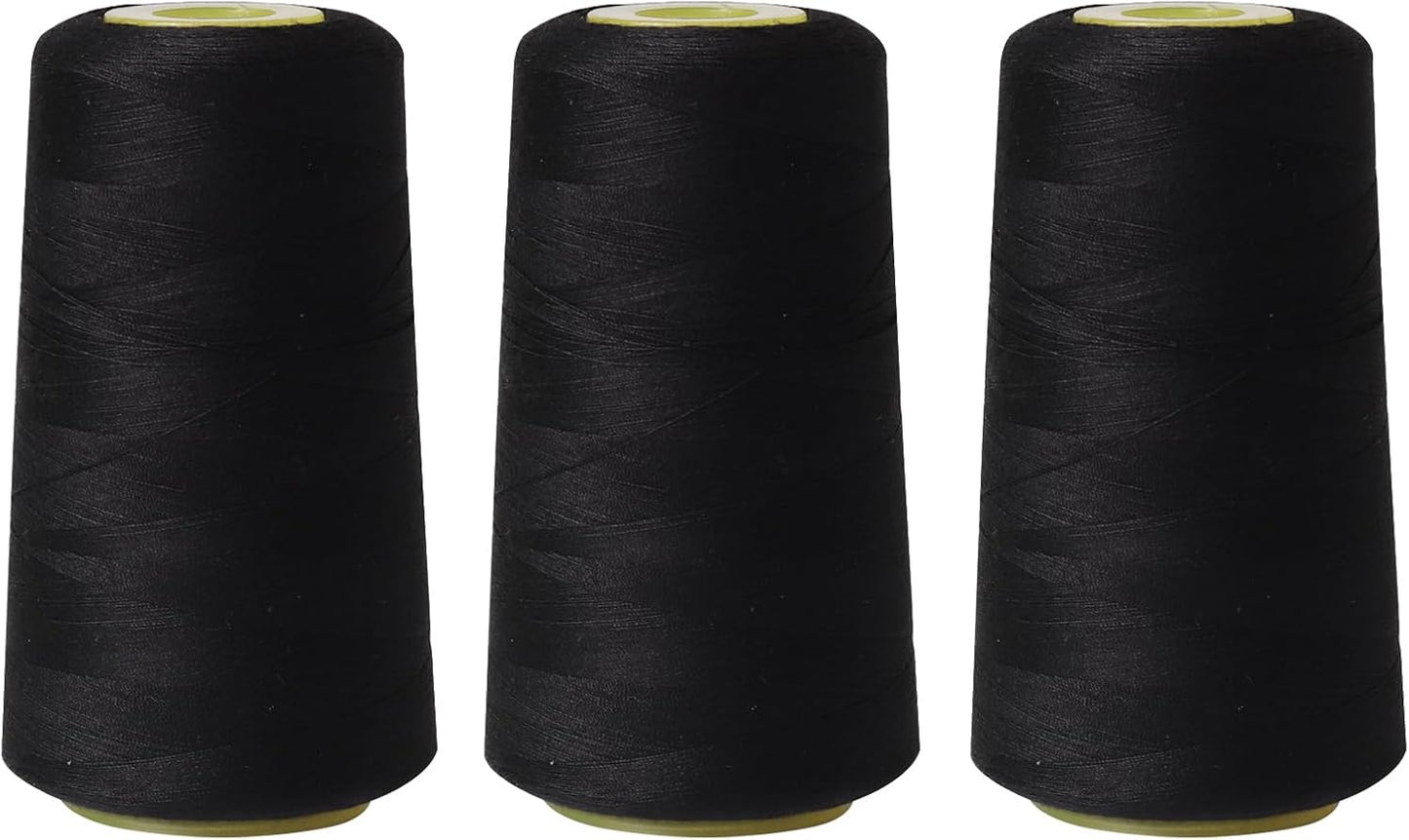 Sewing Thread Cone Set, 3 Pack Serger Thread, 3000 Yards Each, All Purpose Thread for Sewing, Quilting, Machines, Overlock, Merrow & Hand Embroidery (Black*3)