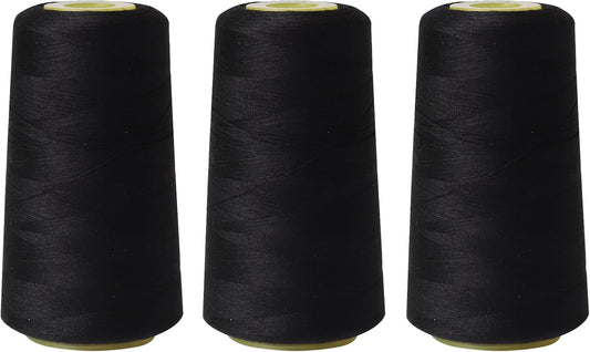 Sewing Thread Cone Set, 3 Pack Serger Thread, 3000 Yards Each, All Purpose Thread for Sewing, Quilting, Machines, Overlock, Merrow & Hand Embroidery (Black*3)