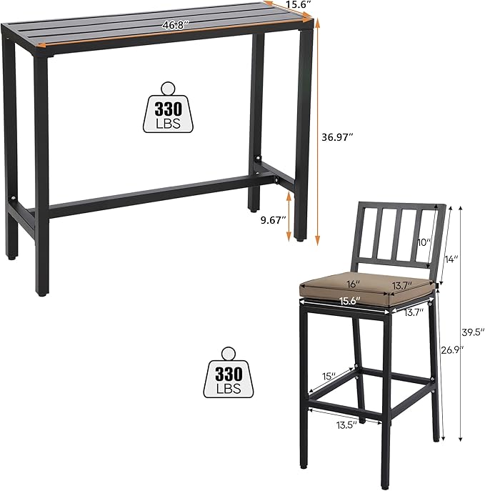 Outdoor Patio Bar Set, Bar Height Patio Dining Set, Weather-Resistant Bistro Counter Pub Set with Cushions & Slatted Tabletop for Backyard, Garden, Yard (47" Table, 2 "I Style Stool, Black)