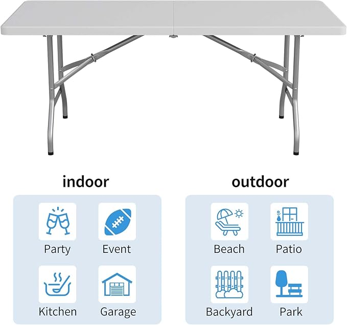 FWTI Deal Folding Table 6ft, Heavy Duty Portable, Built in Carrying Handle & Alloy Steel Legs for Party, Dining, Wedding, Events, Picnic, Indoor, Outdoor, Camping, Utility, White