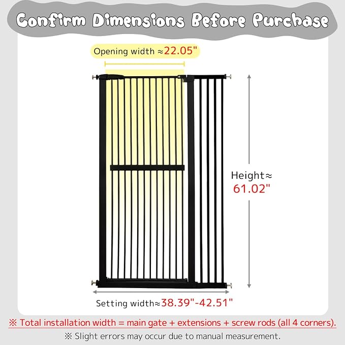 Lumizone Extra Tall Cat Gate 61.02" High Pressure Mounted Extra Wide 38.39"-42.51" (17Sizes) 1.37" Gap No Drilling Auto-Close Tall Pet Gate for Dogs (Black, 38.39"-42.51" W)