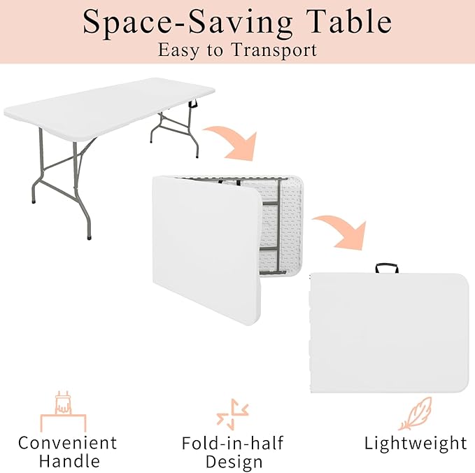Folding Tables with Carrying Handle Lightweight Rectangular Portable Plastic Camping Table Steel Legs for Party, Dining, Wedding, Events, Picnic Indoor, Outdoor (5FT, White)