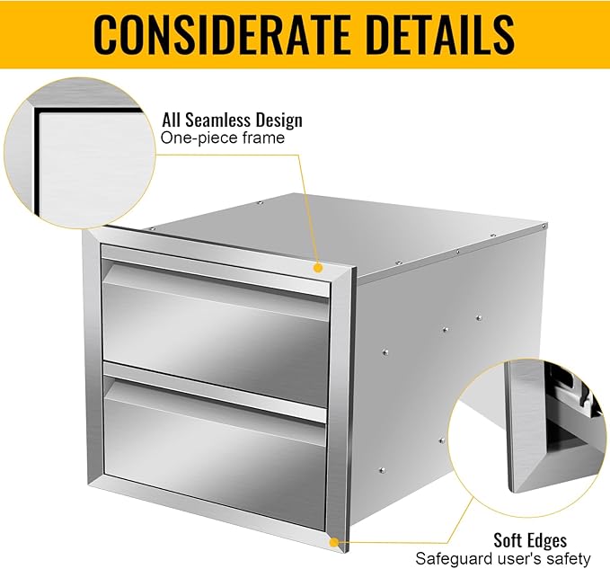 Outdoor Kitchen Drawers, Box Frame Style Flush Mount BBQ Drawer w/Stainless Steel Handle, BBQ Island Drawers For Patio Grill Station,Double Drawers