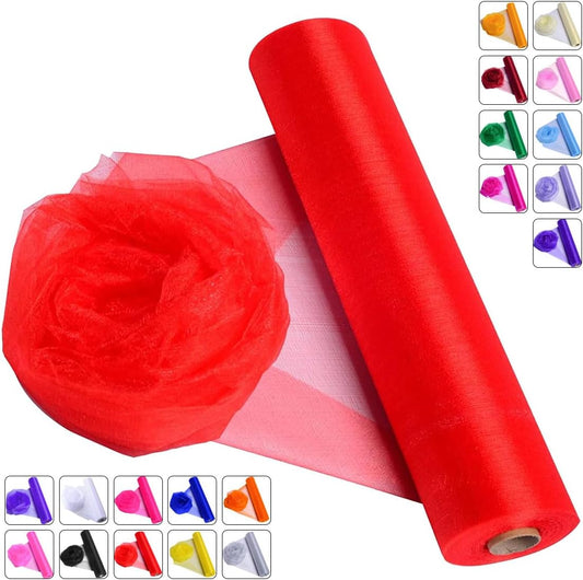 Crystal Organza Fabric Tulle - 16" by 50 Yards Sheer Fabric for Wedding Party Decoration Bridal Shower Tutu Roll Netting Spool Ribbon Wrapping (Red)