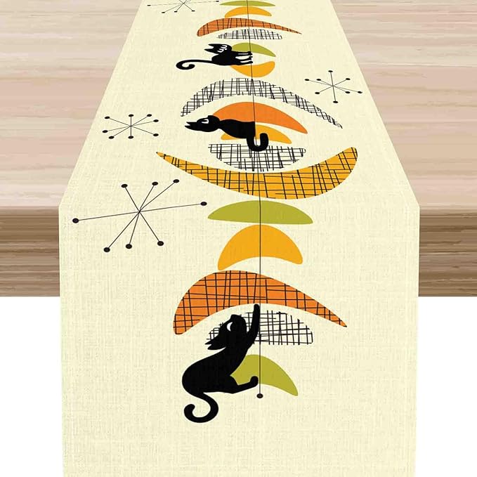 Mid Century Table Runner, Retro 1950s Black Cat Atomic Modern Abstract Coffee Table Center Decor for Home Kitchen Dining Patio Holiday Party Indoor Outdoor Table Decorations, 13"x108" Inch