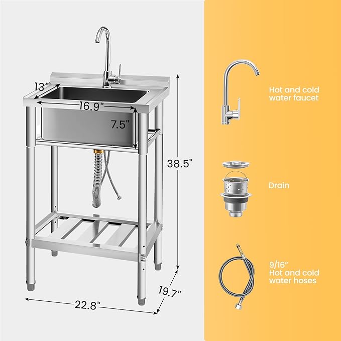Stainless Steel Utility Sink, 22'' Free Standing Single Bowl Kitchen Sink with Cold and Hot Water Pipe, Indoor and Outdoor for Laundry Room Farmhouse Kitchen(22 inch)